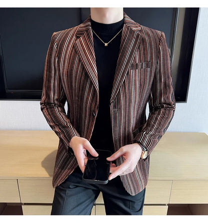 High Quality Plush Striped Fashion casual Suit Jacket Autumn Winter New Men Slim Fit Business Formal Social Prom Party Tuxedos