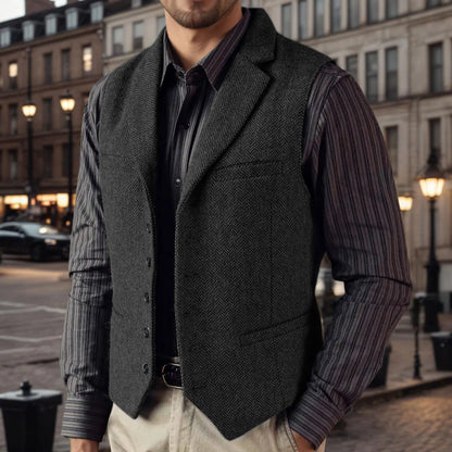Men Vest Black Herringbone Single Breasted with Lapel for Wedding & Business Formal Occasions