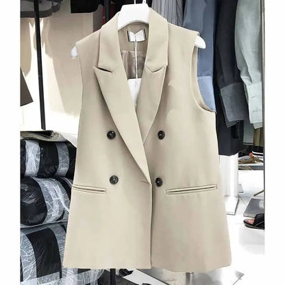 New Korean Women Loose Black Vest Suit Jacket Female Spring Autumn Leisure Solid Color Sleeveless Waistcoat Cardigan Vest Coat