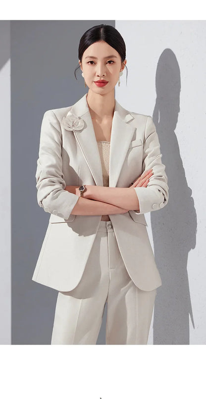 Women Blazer Pants Sets Apricot Appliques Two Pieces 2024 Autumn Work wear Trousers Formal Solid Color Long Sleeve Tops Pantsuit