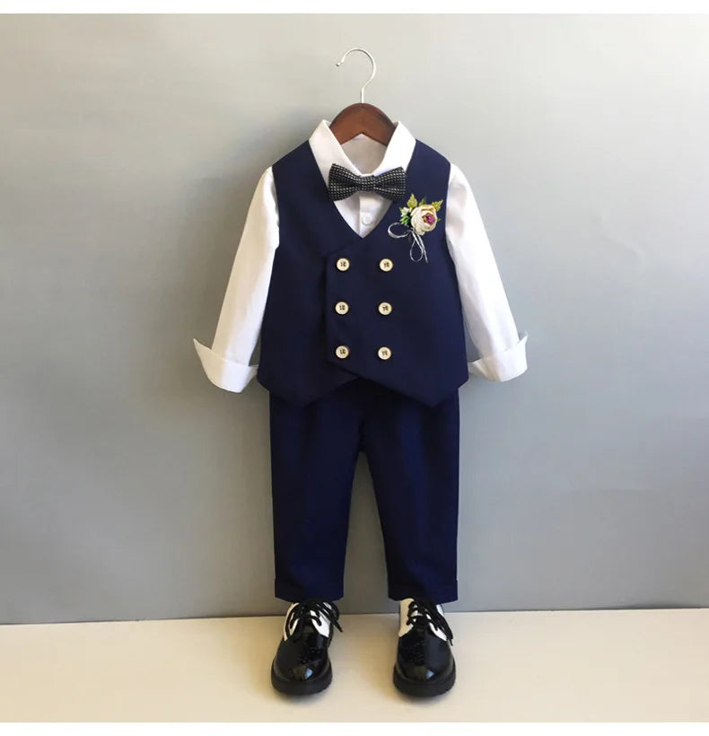 Children Formal Tuxedo Suit Flower Boys Wedding Dress Kids 1 Year Birhtday Photograph Suit Children Performance Party Costume