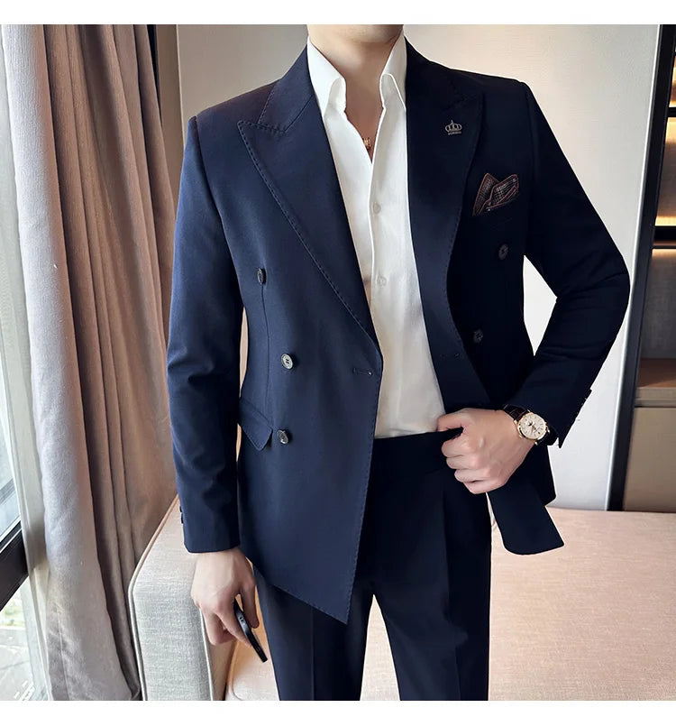 (Blazer + Trousers) Fashion Double Breasted Design Slim Men's Suit Italian Style Luxury Wedding Social Party Tuxedo 2 Piece Set
