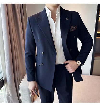 (Blazer + Trousers) Fashion Double Breasted Design Slim Men's Suit Italian Style Luxury Wedding Social Party Tuxedo 2 Piece Set