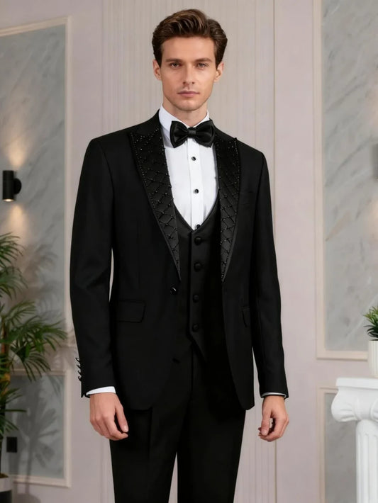 Black Luxurious Beaded Suits 3 Pieces For Men Wedding Groom Sets,Classic Peak Lapel Men's Suit Set Banquet Party  Plus Size