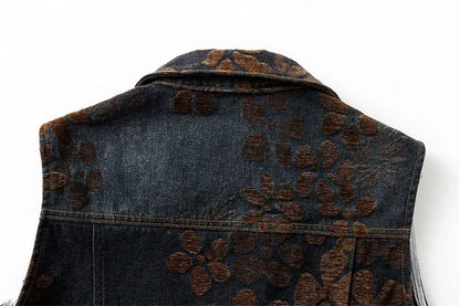 Spring Female Fashion Large Pocket Denim Vest Coat Retro Ladies Flocking Sleeveless Outwear Autumn Women Casual Waistcoat Jacket
