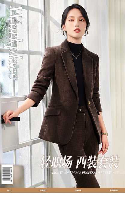 2024 Autumn New Corduroy Elegant Pant Suit Ladies Formal Business Work Wear 2 Piece Set Green Wine Jacket Blazer And Trouser