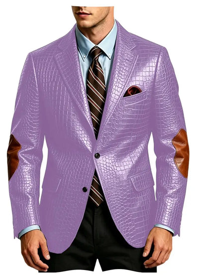 Men's Crocodile Embossed Leather Brown Jacket Patchwork Lapel Collar Slim Fit Luxury PU Blazer For Business Casual Party