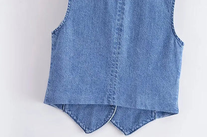 Women Fashion Front Button Denim Waistcoat Vintage V Neck Sleeveless Female Outerwear Chic Vest Tops