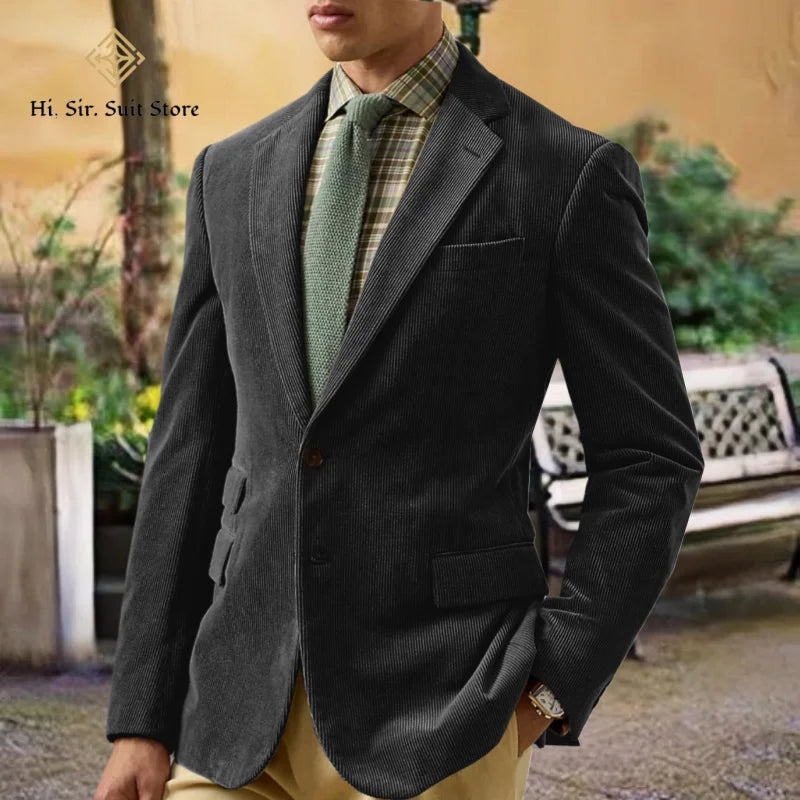Spring/Autumn New Corduroy Suit Retro Casual Notched Lapel Jacket Single-Breasted Men's Solid Colour Suit Western Sport Coats