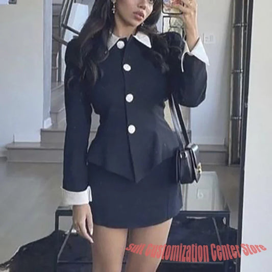 Professional Women's Clothes Elegant Single Breasted Two Pieces (Jacket+Mini Skirt) Trendy Casual Daily Office Lady Workwear