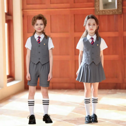 Boys Girls Summer 3Pieces School Uniform With Vest Shorts/Skirt Tie Children's Piano Host Speech Chorus Performance Costume
