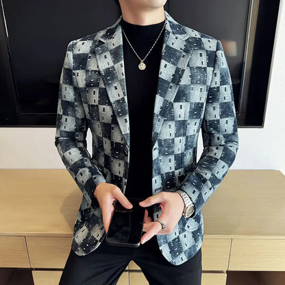 Korean Jacquard Denim Jacket for Men Autumn Winter Casual Business Men Blazers Slim Fit Wedding Social Dress Coat Men Clothing