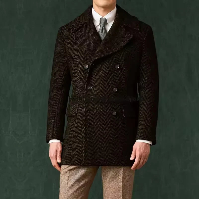 Men's Herringbone Tweed Overcoat Double-Breasted Wide Lapel Wool Blend Formal & Wedding Coat