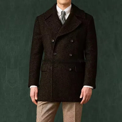 Men's Herringbone Tweed Overcoat Double-Breasted Wide Lapel Wool Blend Formal & Wedding Coat
