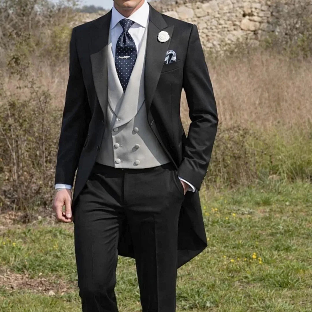 Men Suit Black 3 Pieces Gray Vest With Lapel For Wedding Birthday Banquet Party Business Work Office Tuxedo Jacket Vest Pants