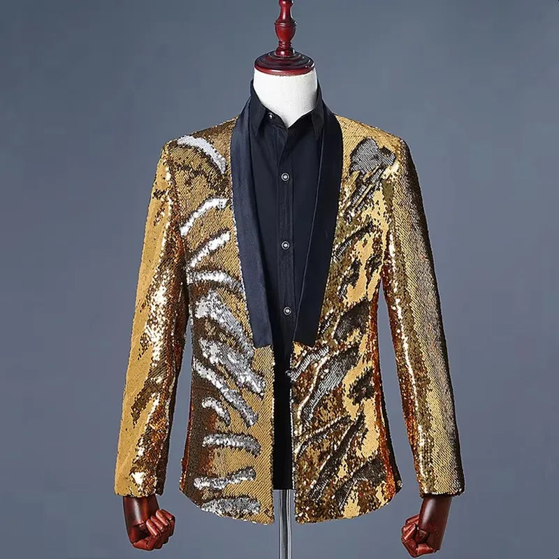 Men's Double-Sided Sequin Tuxedo Blazer Fashion Glitter Suit Jacket Prom Evening Party Host Stage Nightclub Male Singer Costume