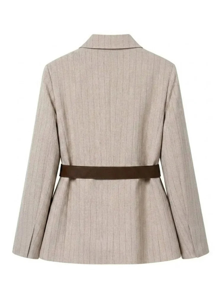 Women's Belted Stripe Blazer Jacket Structured Slim Suit Coat  Office Chic Long Sleeve Tailored Waist Belt Jacket Women