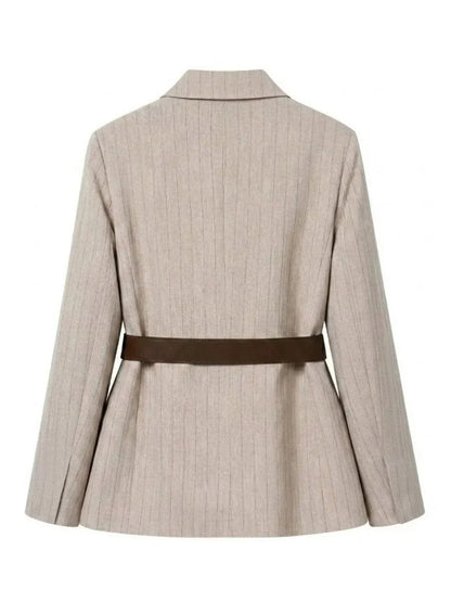 Women's Belted Stripe Blazer Jacket Structured Slim Suit Coat  Office Chic Long Sleeve Tailored Waist Belt Jacket Women