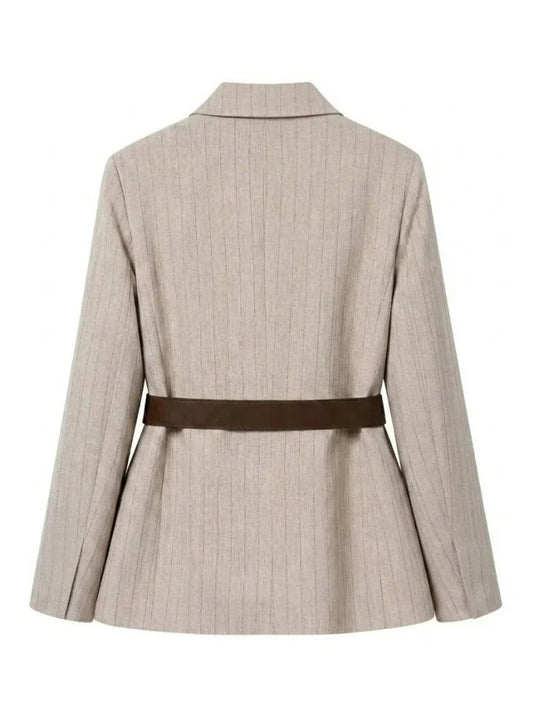 Women's Belted Stripe Blazer Jacket Structured Slim Suit Coat  Office Chic Long Sleeve Tailored Waist Belt Jacket Women