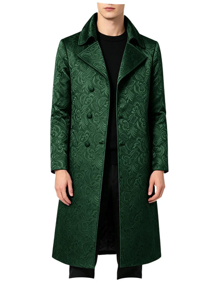 Men Luxury Jacquard Long Trench Coat Lapel Formal Overcoat Outerwear For Wedding Prom Banquet Club Evening Business Stage Party