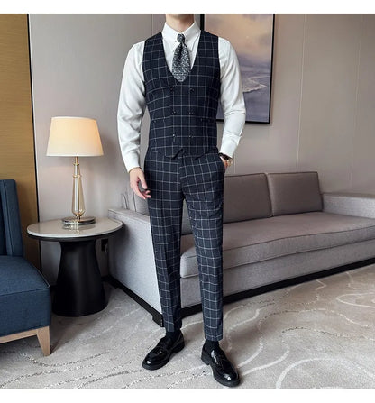 Men's 3-Piece Slim Fit Plaid Suit – Jacket, Vest & Pants for Weddings, Office & Formal Occasions