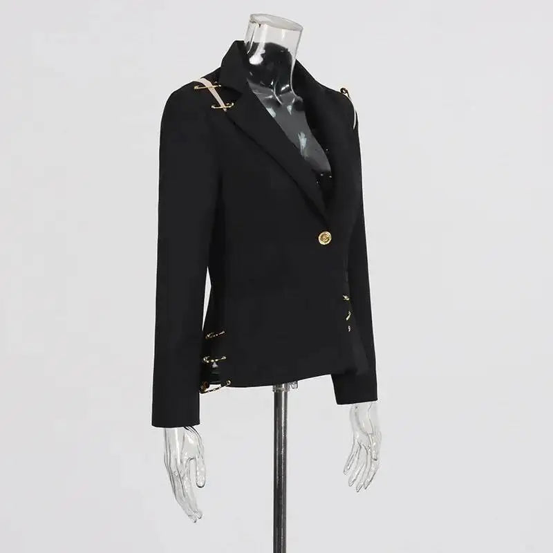 Autumn New Women Chic Blazer Asymmetrical Pin Design Single Button Slim Fit Elegant Fashion Office Lady Stylish Coat HK9876