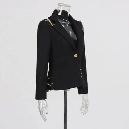 Autumn New Women Chic Blazer Asymmetrical Pin Design Single Button Slim Fit Elegant Fashion Office Lady Stylish Coat HK9876