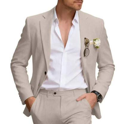 Linen Suits for Men Retro Casual Slim Fit Suit Beach Prom Dress Tux 2 Pieces Set Wedding Groomsmen One-Button Jacket Blazer Pant