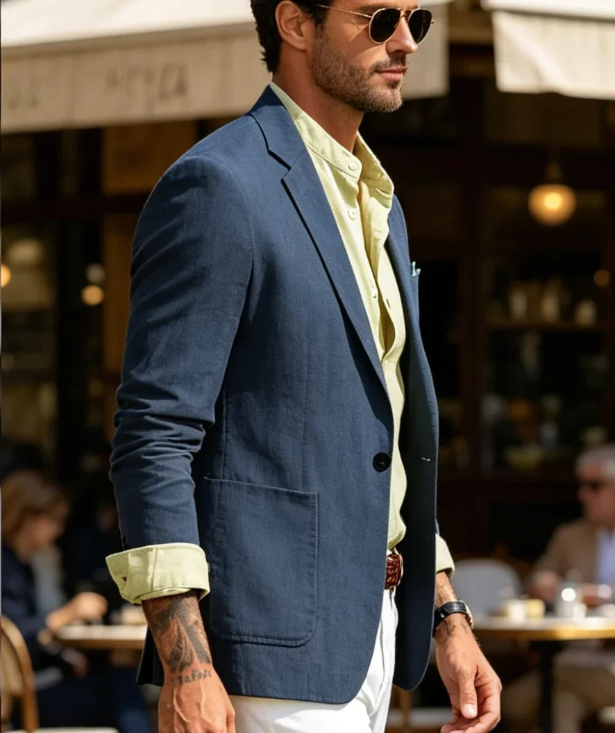 Men's Cotton Linen Blazer Solid Slim Fit Breathable Lightweight Casual Sport Coat One Button Lapel Suit Jacket for Daily Summer