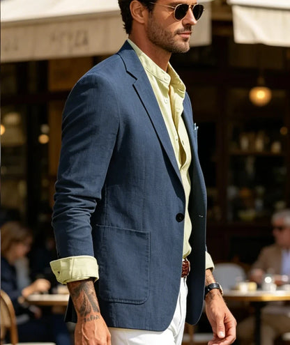 Men's Cotton Linen Blazer Solid Slim Fit Breathable Lightweight Casual Sport Coat One Button Lapel Suit Jacket for Daily Summer