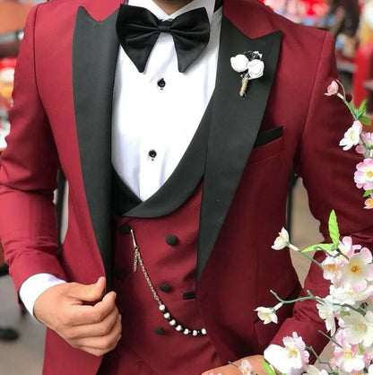 Burgundy Classic Peak Lapel Wedding Tuxedos Slim Fit Suits For Men Groomsmen Suit 3 Pieces Prom Formal Best Man Suits