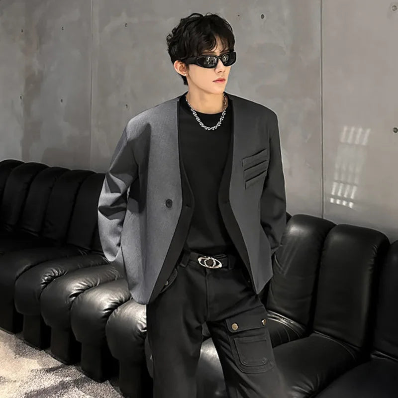 Color Contrast Fake Two Piece Design Handsome Korean Blazer Jacket Men Stylish Elegant V Neck Casual Male Clothes JY5226
