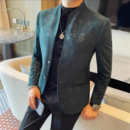 2025 Spring Trendy Jacquard Suit Jacket Men Stand Up Collar Casual Blazers Slim Wedding Business Streetwear Social Dress Coats