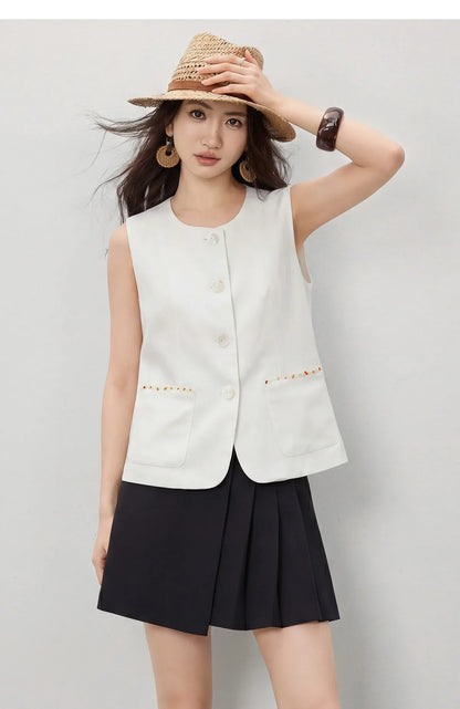 Women's White Vest Blazer 2026 Summer Round Neck Slim Thin Simple Versatile Top Ladies Commute Outfit Q62JA7390