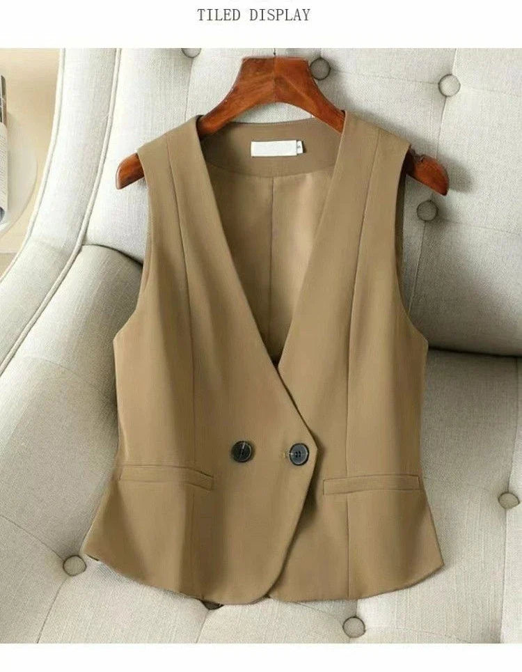 Women's Streetwear Fashion Double Breasted Suit Vest Casual Elegant Short Vest Office Ladies Waistcoat Female Sleeveless Jacket