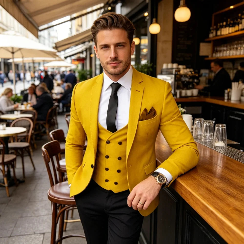 Ensemble de costume 3 pièces coupe ajustée marron pour homme avec blazer, gilet et pantalon - Tenue décontractée pour mariage, bal de promo, affaires, smoking de marié