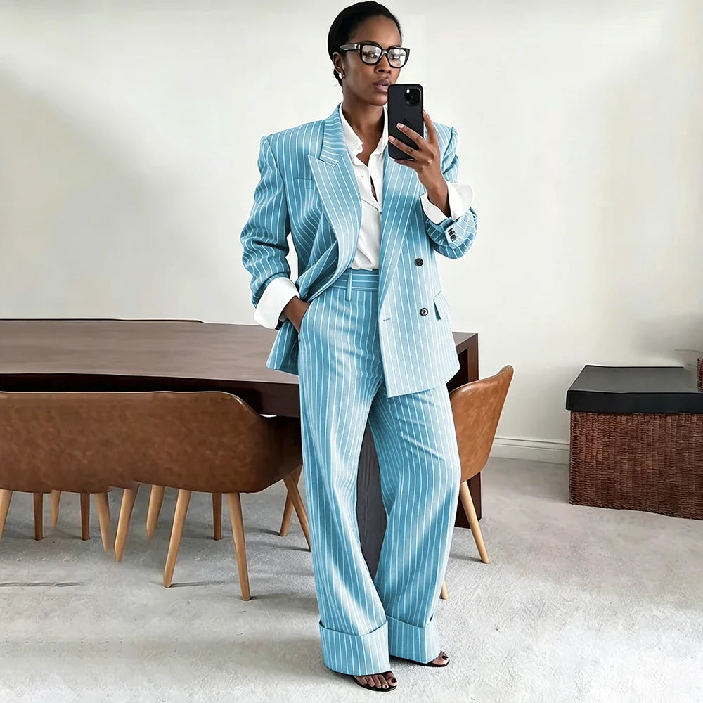 Neutral Gray Pinstripe Oversized Matching Sets Double Breasted Women's Suit Casual Formal 2-Piece(Jacket+Pants) Office Set