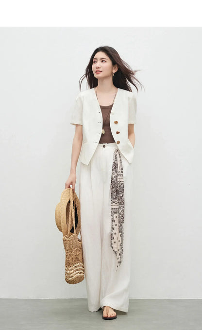 Commute V-Neck Short Sleeve Blazer Top Women 2026 Summer Fashion Color Block Wooden Button Slim Fit Jacket Q62XC7391