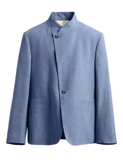  Mandarin Collar Men‘s Blazer Linen Blend Chinese Stand Collar Men Jacket Asymmetric Button Breathable Men Coat Wedding Party