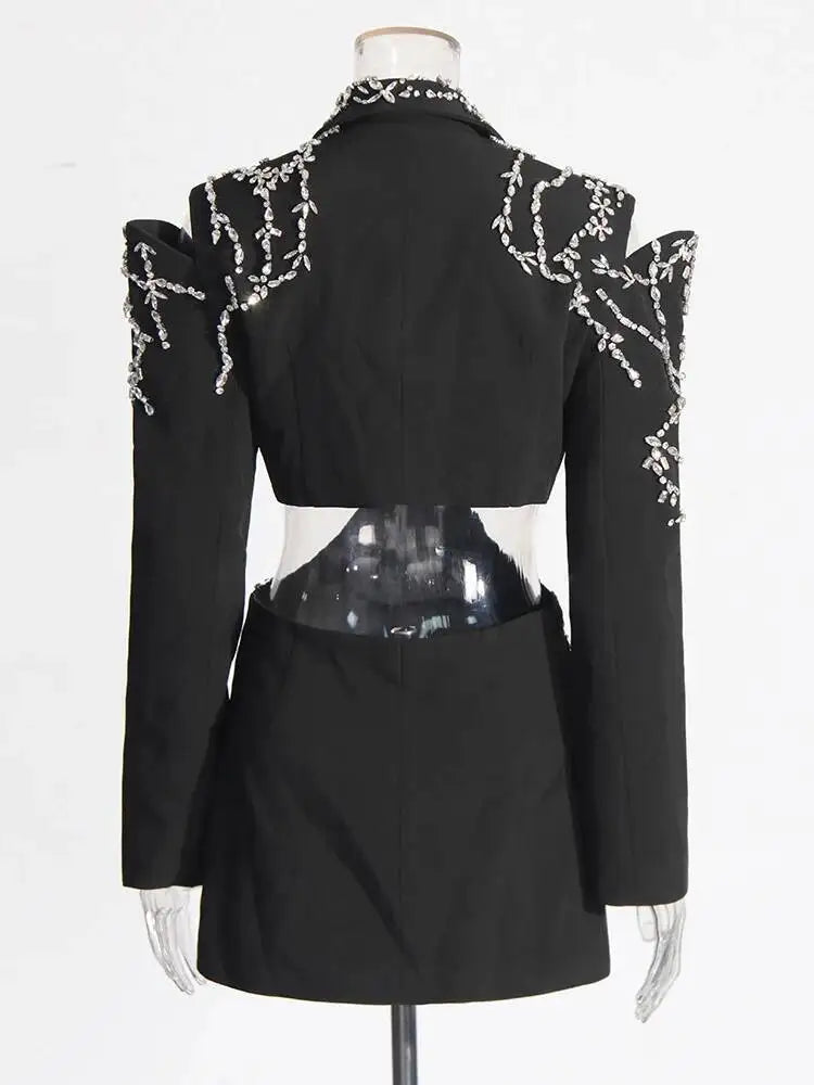 Solid Spliced Diamonds Turn-Down Collar Blazers Long Sleeve Hollow Out Patchwork Button Coat 2026 Autumn Women's New