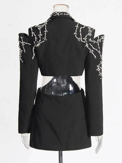 Solid Spliced Diamonds Turn-Down Collar Blazers Long Sleeve Hollow Out Patchwork Button Coat 2026 Autumn Women's New