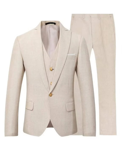 New Design Beige Linen Suit for Men 3 Pieces Formal Wedding Prom Set Slim Fit Jacket Best Man Groom Tuxedos Costume Homme
