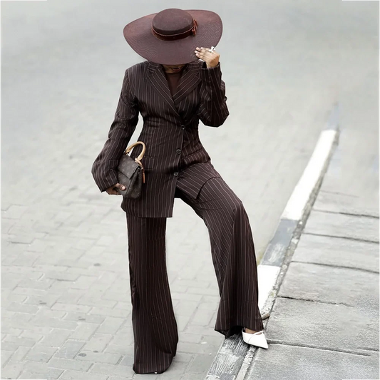 Trendy Women's Brown Stripe Suits Tailored Fit Single Breasted Notch Lapel Formal Occasion Events Office Lady Female Clothing