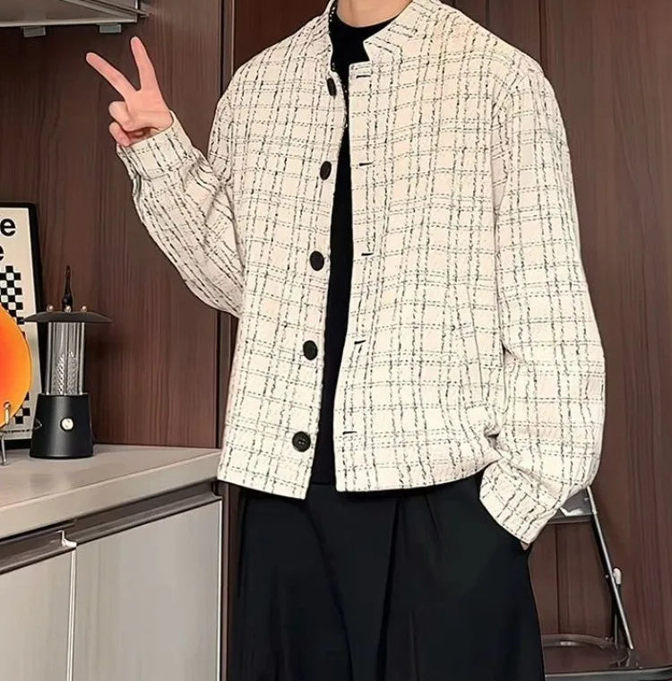 Men's Spring High-End Plaid Blazer Bad Boy Style Cropped Jacket Chinese Stand Collar Suit Outerwear
