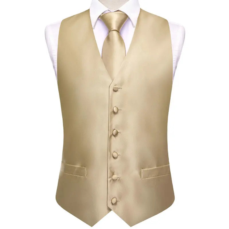 Men's Vest Double Breasted Satin V-Neck Waistcoat with Tie and Pocket Square 3-Piece Set for Weddings and Formal Events