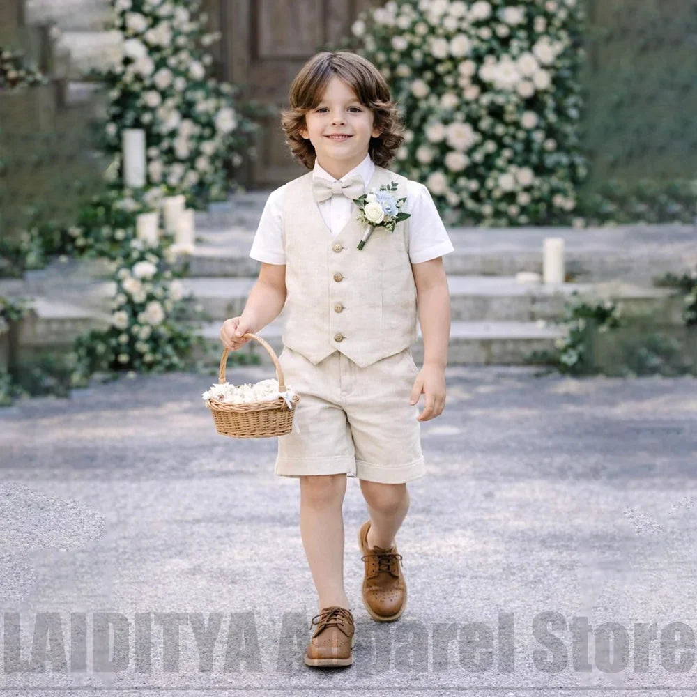 Beige Linen Boys Vest Shorts Suit 2 Piece Kids Summer Wedding Page Boy Outfit Casual Formal Birthday Gentleman Short Set