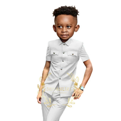 Boys Suit Black 2 Pieces Short Sleeve Party Tuxedo Formal Wedding Kids Clothes Indian Style Blazer Pants 2-16 Years Old