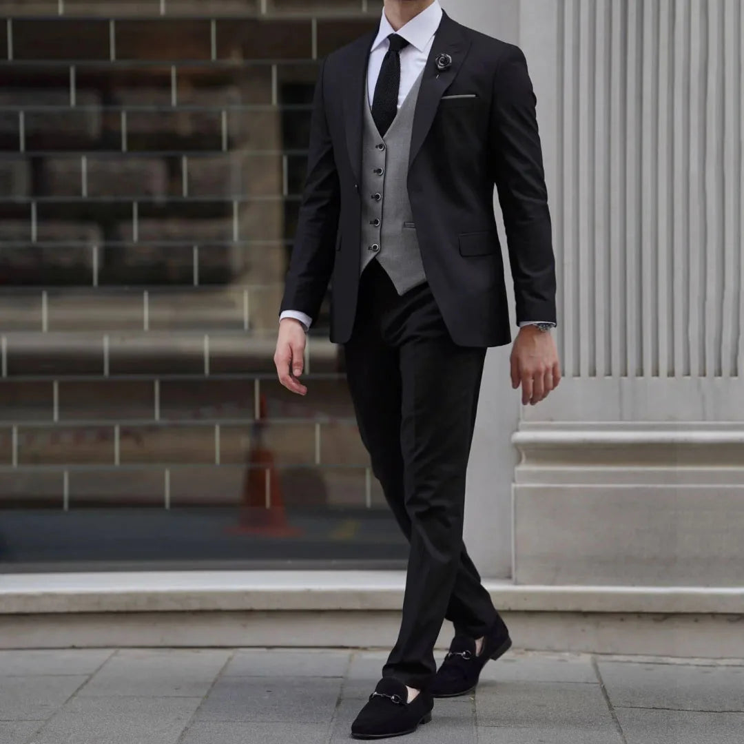 Men Suit 3 Pieces Black Gray With Lapel Single Button For Wedding Banquet Party Business Work Office Daily Jacket Vest Pants