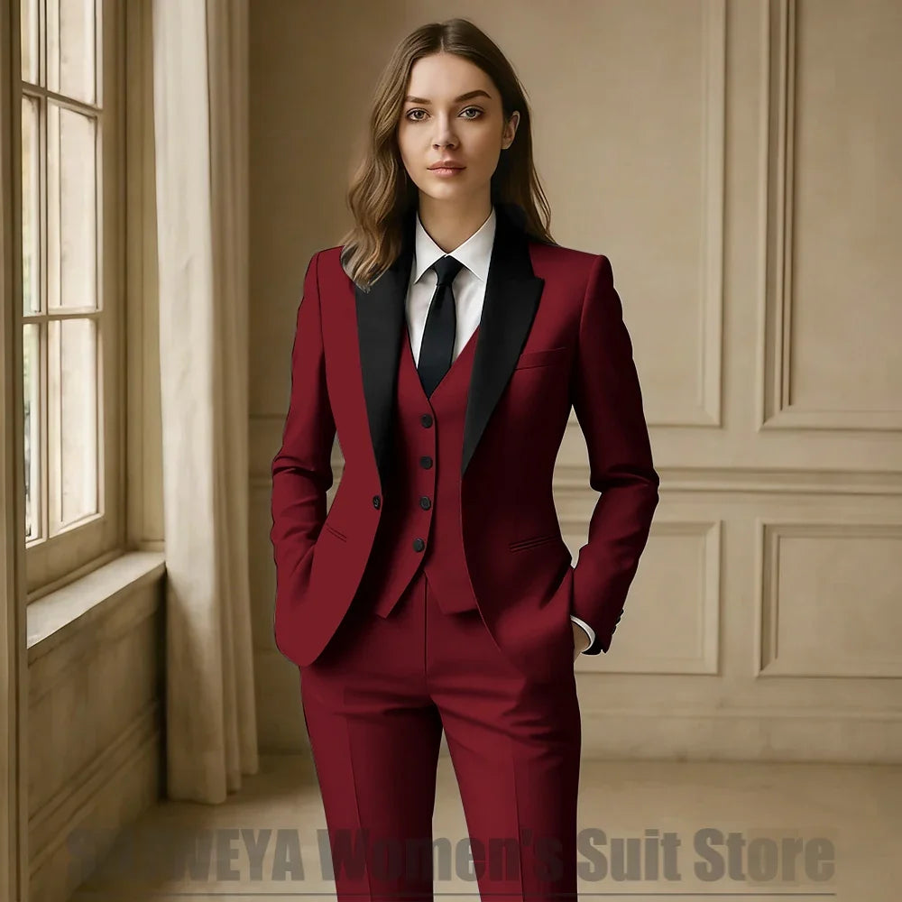 Women Royal Blue 3 Piece Tuxedo Suit Blazer Vest Pants with Black Lapel Slim Fit Formal Party Business Office Outfit