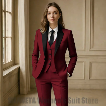 Women Royal Blue 3 Piece Tuxedo Suit Blazer Vest Pants with Black Lapel Slim Fit Formal Party Business Office Outfit